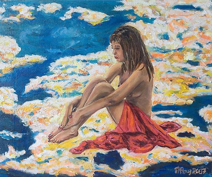 Утром, на облаке сидя(девушка загорает, в облаках, голубое небо, женщина, платок, утро, обнаженная грудь)