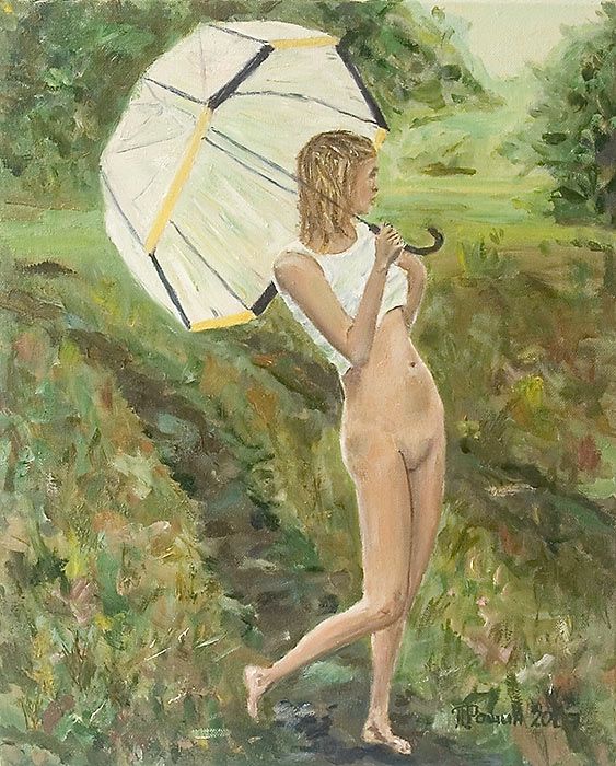 Девочка с зонтиком(Юная девушка, утро, зонт, дорога, голый животик, без трусов, попа, смотрит вдаль, туман, грудь)