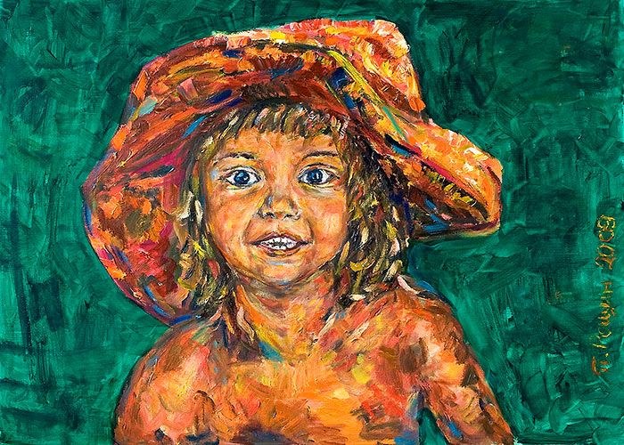 Желтая поганка - портрет соседской девчонки(Портрет девочки, девочка в шляпе, Портрет ребенка импрессионизм)